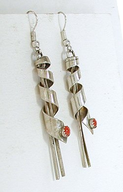 coral and sterling silver spiral wire earrings