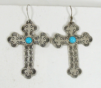 Authentic Native American sterling silver cross with turquoise Wire earrings by Navajo artist George Guerro