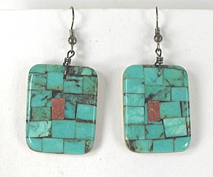 Authentic Native American turquoise and pipestone mosaic inlay Wire earrings by Santo Domingo artist Angie Reano Owen