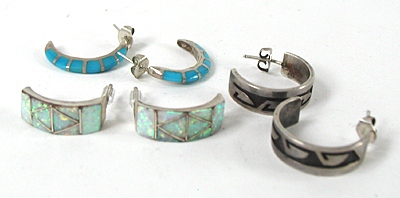 three pair sterling silver and stone inlay half loop post earrings