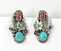 turquoise and coral sterling silver earrings post style