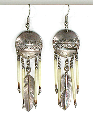 stamped sterling silver concho, feathers, and quill earrings wire-style