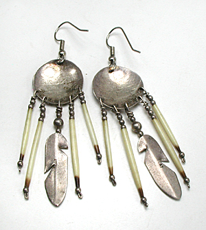 stamped sterling silver concho, feathers, and quill earrings wire-style