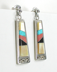 authentic Native American post earrings of sterling silver with inlay of turquoise, mother of pearl, coral and jet by Zuni artisans Martin and Esther Panteah