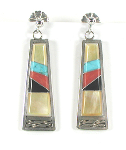 authentic Native American post earrings of sterling silver with inlay of turquoise, mother of pearl, coral and jet by Zuni artisans Martin and Esther Panteah