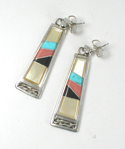 authentic Native American post earrings of sterling silver with inlay of turquoise, mother of pearl, coral and jet by Zuni artisans Martin and Esther Panteah