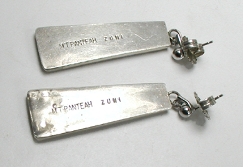 authentic Native American post earrings of sterling silver with inlay of turquoise, mother of pearl, coral and jet by Zuni artisans Martin and Esther Panteah