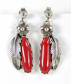 post earrings of sterling silver and coral marked WHITEWOLF