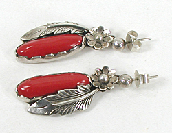 post earrings of sterling silver and coral marked WHITEWOLF