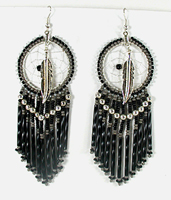 stamped sterling silver concho, feathers, and quill earrings wire-style