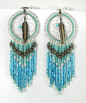 clip style beaded dreamcatcher earrings with feathers and  dangles