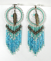 clip style beaded dreamcatcher earrings with feathers and  dangles