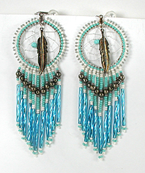 clip style beaded dreamcatcher earrings with feathers and  dangles