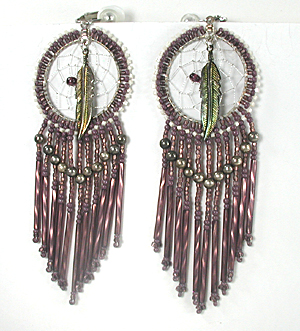 clip style beaded dreamcatcher earrings with feathers and  dangles