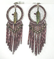 clip style beaded dreamcatcher earrings with feathers and  dangles