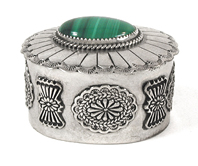 Authentic Native American sterling silver pill box with malachite stone by Navajo artisan Roberston Tsosie 