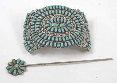 Authentic Native American turquoise and sterling silver Petit Point Cluster Stick Barrette by Navajo artisan Larry Moses Begay