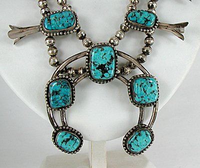Authentic Vintage Native American Turquoise Nugget Squash Blossom Necklace