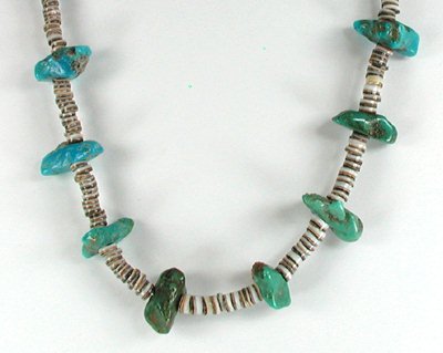 vintage Turquoise Nugget and olive shell heishi necklace 32 inches