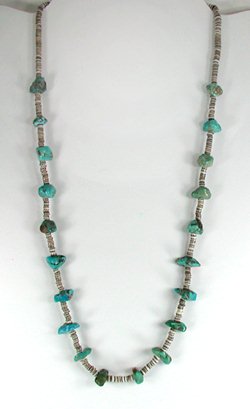 vintage Turquoise Nugget and olive shell heishi necklace 32 inches