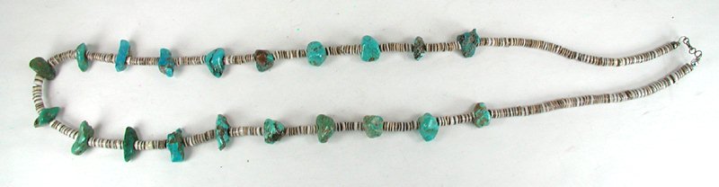 vintage Turquoise Nugget and olive shell heishi necklace 32 inches