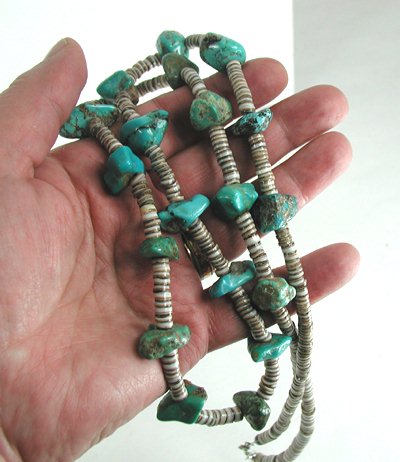 vintage Turquoise Nugget and olive shell heishi necklace 32 inches