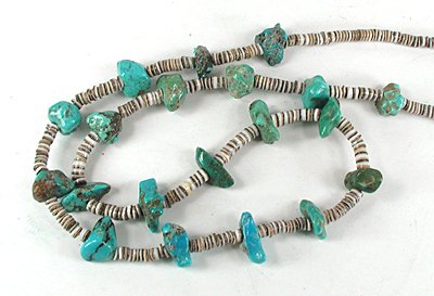vintage Turquoise Nugget and olive shell heishi necklace 32 inches
