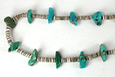 vintage Turquoise Nugget and olive shell heishi necklace 32 inches