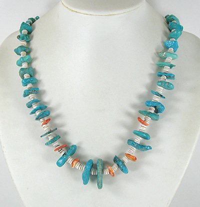  sterling silver, turquoise, orange spiny oyster and clam shell heishi necklace 24 inch - front view