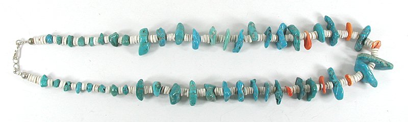  sterling silver, turquoise, orange spiny oyster and clam shell heishi necklace 24 inch - full length