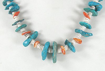  sterling silver, turquoise, orange spiny oyster and clam shell heishi necklace 24 inch - sterling silver clasp