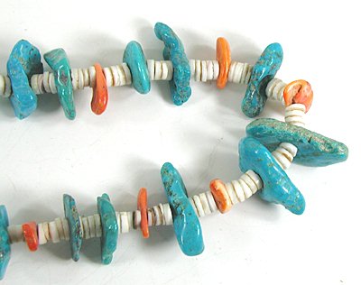  sterling silver, turquoise, orange spiny oyster and clam shell heishi necklace 24 inch