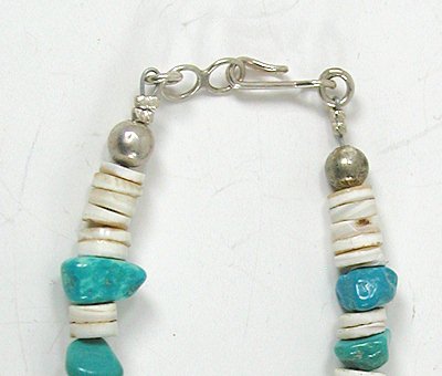  sterling silver, turquoise, orange spiny oyster and clam shell heishi necklace 24 inch - sterling silver clasp