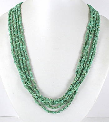  vintage sterling silver and green turquoise chip five strand  necklace 25 inch - front view