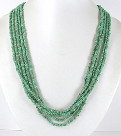 vintage sterling silver and green turquoise chip five strand  necklace 25 inch - front view