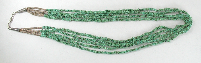  vintage sterling silver and green turquoise chip five strand  necklace 25 inch - full length