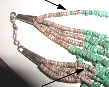  vintage sterling silver and green turquoise chip five strand  necklace 25 inch - sterling silver clasp