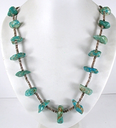vintage turquoise nugget and olive shell heishi necklace - front view
