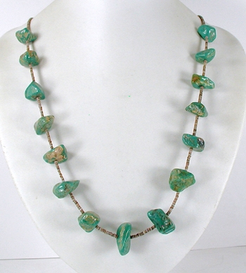 vintage green turquoise nugget and olive shell heishi necklace - front view