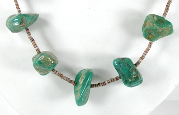 vintage green turquoise nugget and olive shell heishi necklace - sterling silver clasp