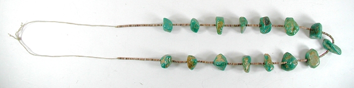 vintage green turquoise nugget and olive shell heishi necklace - full length