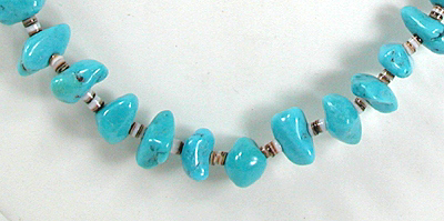 vintage turquoise nugget and olive shell heishi necklace - sterling silver clasp
