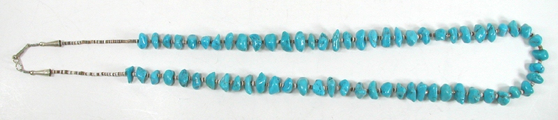 vintage turquoise nugget and olive shell heishi necklace - full length