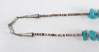vintage turquoise nugget and olive shell heishi necklace - sterling silver clasp