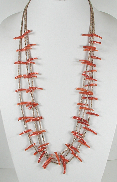 vintage NOS three strand coral bird necklace with olive shell heishi 28 inches
