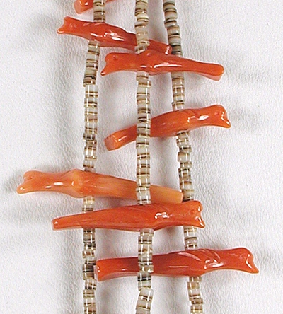 vintage NOS three strand coral bird necklace with olive shell heishi 28 inches