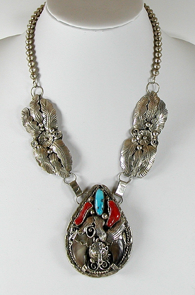 Authentic Native American vintage turquoise and coral claw necklace by Navajo artist Glen Adakai
