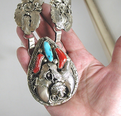 Navajo Vintage Turquoise and Coral Claw Necklace N437