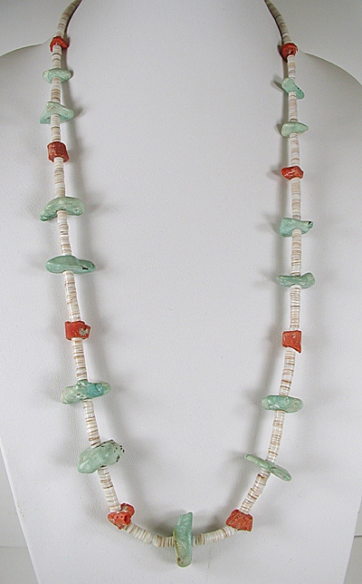 Vintage Seafoam Turquoise and Coral necklace 31 1/2 inch