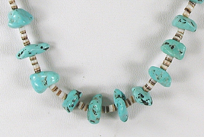 Vintage turquoise necklace with olive shell heishi 27 inches